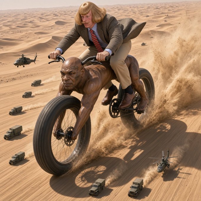 A surreal scene of a blonde man in a checkered blazer riding a muscular figure as if it were a bicycle, racing through a desert with military helicopters and trucks in pursuit.
