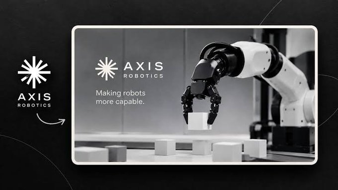 An advertisement for 'AXIS ROBOTICS' with the tagline 'Making robots more capable.', showing a robotic arm manipulating small cubes on a surface.