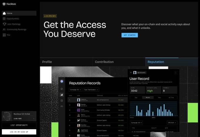 A dark-themed dashboard interface for 'Nucleus' displaying 'Get the Access You Deserve' and showing 'Reputation Records' and 'User Record' panels.