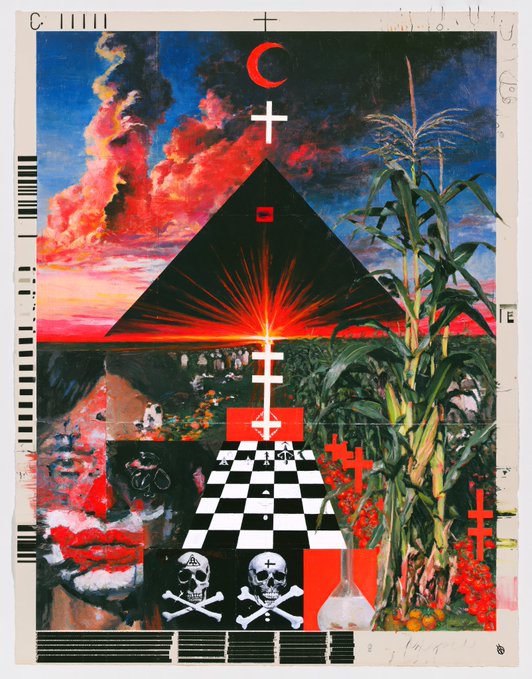 A surreal mixed-media collage artwork depicts a large black triangle with a red starburst, a checkered pathway, skulls and crossbones, and corn plants set against a fiery red and blue sky.