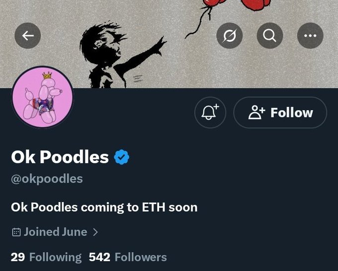 Twitter profile of "Ok Poodles" (@okpoodles), a verified account with 542 followers, featuring a balloon-dog avatar wearing a crown and a header image of a child reaching for red balloons, aligning with the post highlighting the project's teaser video and pending ETH launch.