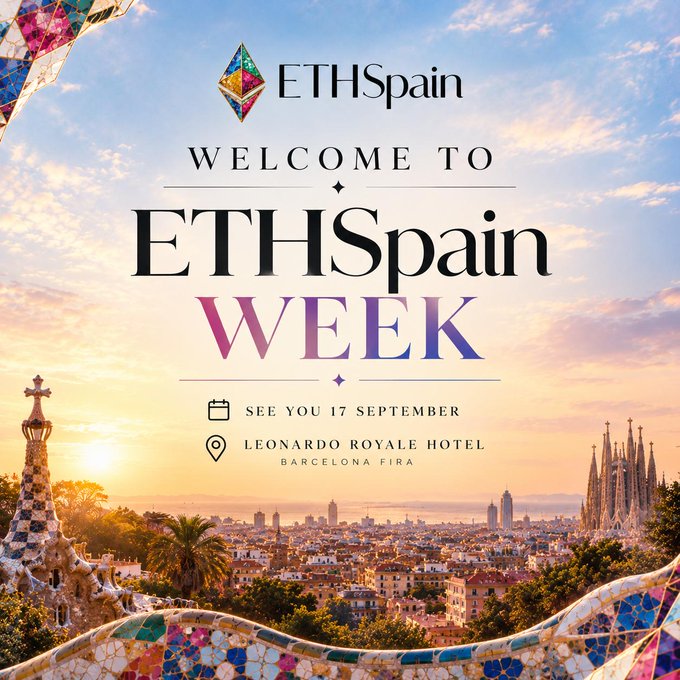 A promotional poster for 'ETHSpain Week' welcoming attendees to the event on 17 September at the Leonardo Royale Hotel in Barcelona Fira, featuring a sunset skyline view of Barcelona and mosaic elements reminiscent of Park Güell.