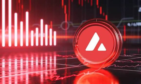 A red-toned digital graphic featuring a glowing Avalanche (AVAX) cryptocurrency coin in the foreground against a backdrop of red bar charts and line graphs indicating a market decline.