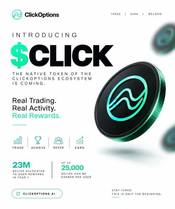A ClickOptions promotional graphic announcing the upcoming launch of $CLICK, the native token of the ClickOptions ecosystem, featuring a large stylized black and teal coin with the platform's logo, and highlighting that 23M $CLICK is allocated to users in Year 1 with up to 25,000 $CLICK in rewards per user.