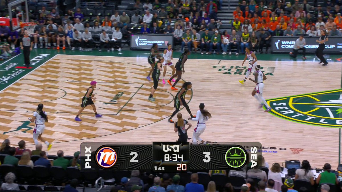 The image shows a basketball game with players actively engaged in play, including a player wearing an orange jersey running down the court. The crowd appears to be watching intently as the game unfolds. The text "PHX-SEA" can also be seen in the image, which might indicate that this is being broadcasted on television or displayed online for viewers at home.