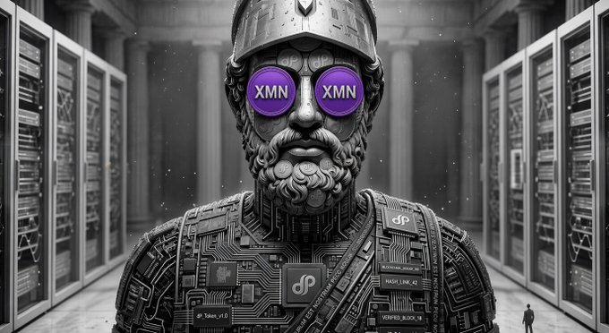 A black and white digital artwork depicts a bearded warrior statue with a circuit board body and purple sunglasses labeled 'XMN', standing in a data center.