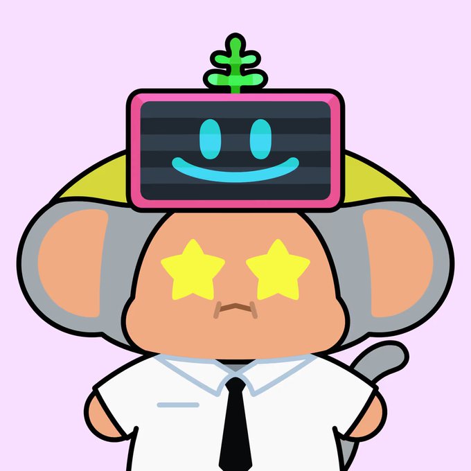 A cartoon illustration of a mouse character with star-shaped eyes wearing a TV-headed helmet displaying a smiley face, dressed in a white shirt and black tie.