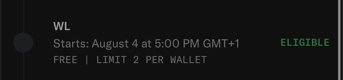 A drop alert displays a free mint for the "WL" collection starting August 4 at 5:00 PM GMT+1, with a limit of 2 per wallet and an "ELIGIBLE" status indicator, suggesting the user is confirmed to claim this NFT drop after their tweet about @hoodrat_coin.