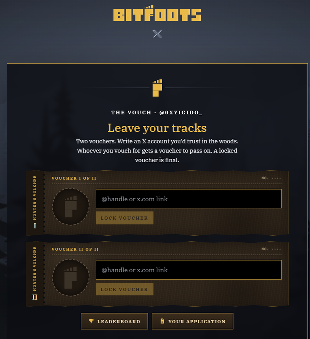 A promotional voucher page from Bitfoots featuring "The Vouch - @oxygigido_" with two vouchers allowing holders to vouch for a Twitter handle or x.com link to receive a guaranteed mint (303 supply, $5 mint price), including buttons to "Lock Voucher," view the "Leaderboard," and check "Your Application."