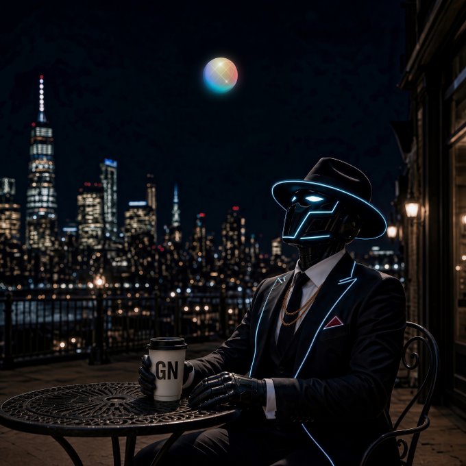 A robotic figure in a glowing blue-lined suit and fedora holds a coffee cup labeled "GN" while overlooking a futuristic nighttime cityscape under a luminous moon—visually echoing the post's "Good Night CT" sign-off and its optimistic tone toward crypto projects.
