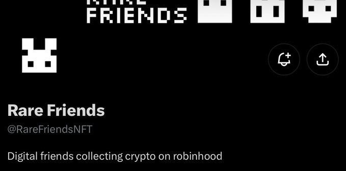 A screenshot of the Rare Friends NFT (@RareFriendsNFT) profile page, featuring pixelated skull-like avatars and the tagline "Digital friends collecting crypto on robinhood," aligning with the post announcing their free mint NFT collection with a 1,024 supply and live WL applications.