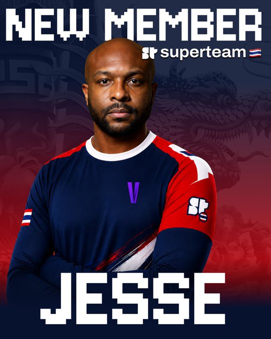 A promotional graphic featuring a bald Black man in a red, white, and blue esports jersey with the text 'NEW MEMBER superteam' at the top and 'JESSE' in pixelated font at the bottom.