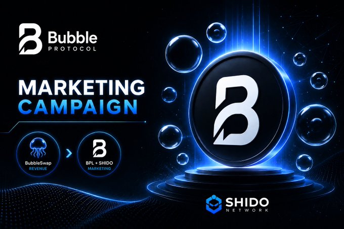 Promotional graphic for Bubble Protocol's Marketing Campaign featuring a glowing blue coin logo, with icons indicating revenue flowing from BubbleSwap to BPL x SHIDO Marketing, sponsored by SHIDO Network.