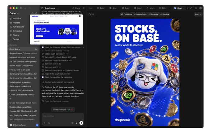 Screenshot of Codex interface showing a chat with Great Astra about crypto projects, alongside a promotional image for 'STOCKS ON BASE' by daybreak featuring a character wearing a Pilot hat.
