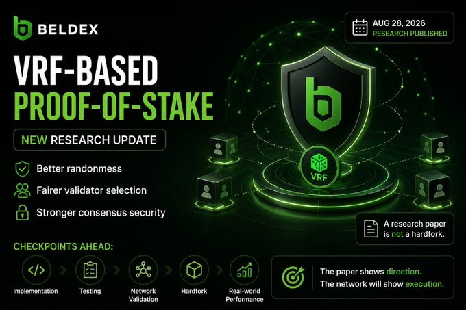 Beldex research update banner from AUG 28, 2026 announcing VRF-based Proof-of-Stake with benefits including better randomness, fairer validator selection, and stronger consensus security.
