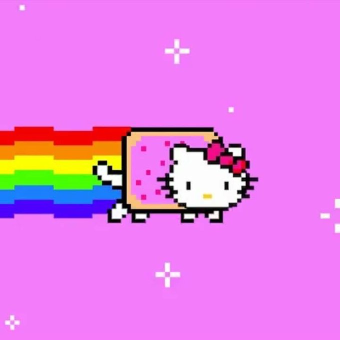 A pixelated Hello Kitty with a pink Pop-Tart body and a rainbow trail streaks across a magenta background, fittingly illustrated by the iconic Nyan Cat meme — symbolizing the viral, skyrocketing momentum the poster predicts for $KITTY and $NYAN.