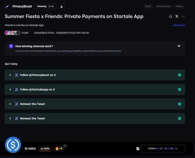 A 'PrivacyBoost' Twitter/X giveaway page titled 'Summer Fiesta x Friends: Private Payments on Startale App' showing tasks to follow and retweet, with 10 USDC entry fee.