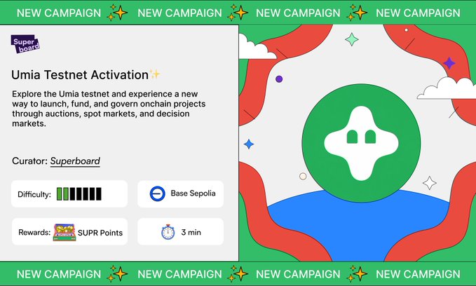 A promotional graphic for the Umia Testnet Activation campaign, featuring the Superboard logo and text reading "Umia Testnet Activation" with a Curator of Superboard, difficulty rating, Base Sepolia network, SUPR Points rewards, and a 3-minute time estimate, alongside an illustration of a ghost icon in a green circle surrounded by colorful decorative elements.