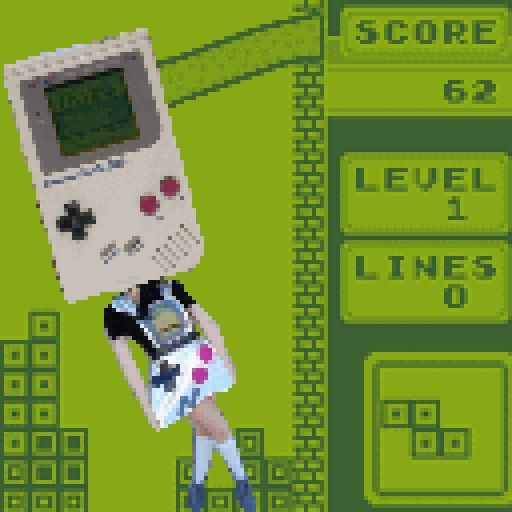 A pixel art image combining an anime-style girl with a Game Boy for a head, set against a green Tetris-like background with a score panel showing 'SCORE 62', 'LEVEL 1', and 'LINES 0'.