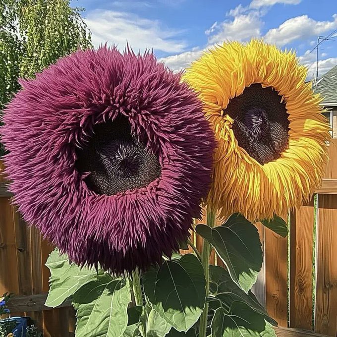 Two large fluffy teddy bear-style sunflowers, one purple and one yellow, grow in a backyard garden against a wooden fence.