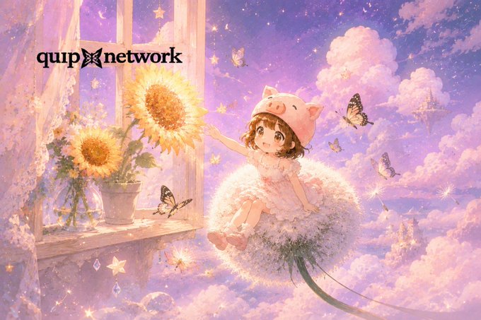 The image features a cartoon girl wearing a hat with a pig on her head, sitting on top of a dandelion flower. The girl appears to be holding a sunflower above her head as she floats through the sky. In the background, there are two potted plants and a window that adds depth to the scene. The image also includes text that reads "QUIP network".
