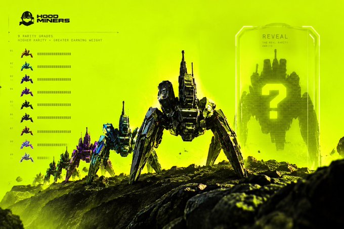 A vibrant green-tinted promotional graphic for 'HOOD MINERS' featuring large mechanical walker robots, with text reading '9 RARITY GRADES = HIGHER RARITY = GREATER EARNING WEIGHT' on the left and a 'REVEAL' box with a question mark on the right.