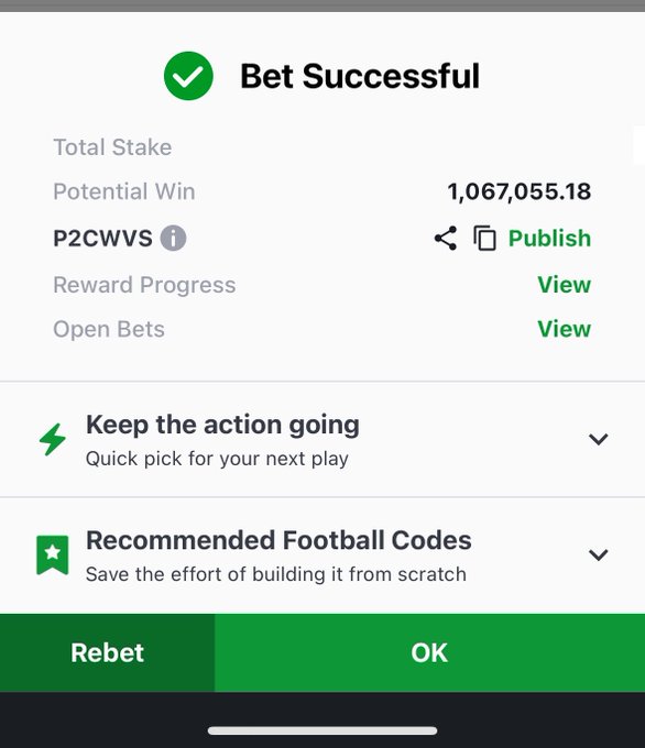 A mobile screen showing a successful sports bet confirmation with a potential win of 1,067,055.18 for code P2CWVS, offering options to Rebet or OK.