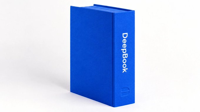 A blue hardcover book titled 'DeepBook' standing upright against a white background, embossed with a small logo on the spine.