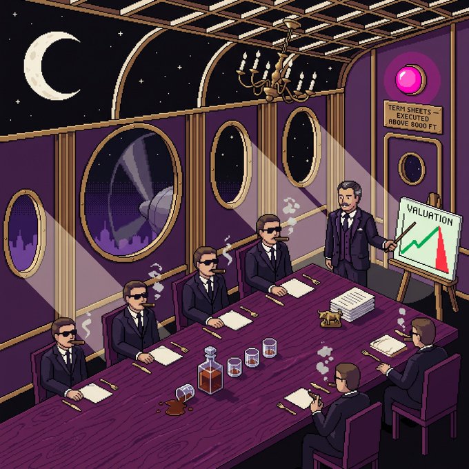 A pixel art illustration depicting a dramatic boardroom scene at night with businessmen in suits smoking cigars around a table, with one presenting a 'VALUATION' chart and a sign reading 'TERM SHEETS EXECUTED ABOVE 8000 FT.'