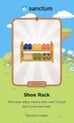 A video game shop interface for 'sanctum' displaying a 'Shoe Rack' item described as 'Handcrafted from environmentally clean giant oak, polished with love.'