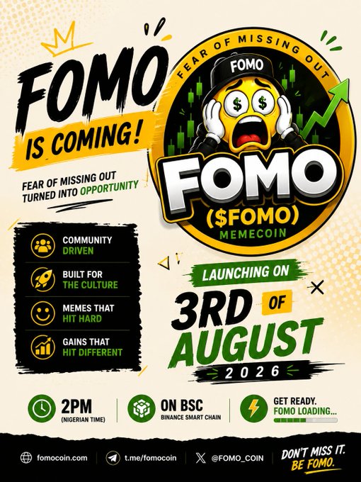 A colorful promotional poster for the FOMO ($FOMO) Memecoin launching on 3rd of August 2026 at 2PM (Nigerian Time) on Binance Smart Chain, featuring a panicked emoji character.