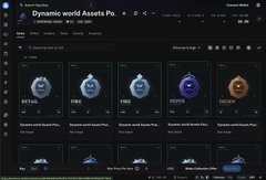The image displays the "Dynamic World Assets Platform" (DWAP) interface, showing five colorful NFT tokens with various statuses including "SETTLED," "SYNC," "PINK," "VOICE," and "DOUGH," alongside reward tracking metrics. This dashboard complements the post's call to action by providing users with a visual interface to view their Position NFTs and select stock rewards after purchasing $DWA tokens.