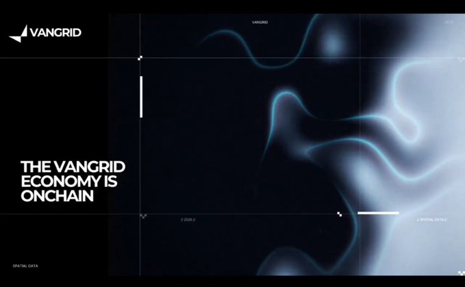 A sleek dark-themed digital graphic for VANGRID featuring flowing fluid-like blue imagery and the text 'THE VANGRID ECONOMY IS ONCHAIN'.