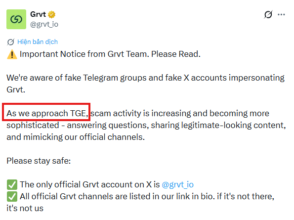 The image features a screenshot of an email message between two people, with one person typing their response into another person's email account that they are sharing. The message appears to be from GVT Team, addressing concerns about fake accounts and impersonating others on social media platforms. One of the emails reads: "We're aware of fake Telegram groups and fake X accounts impersonating GVT Team. Please stay safe: Please ask questions; we're minimising our official channels." The second email appears to be from a user named Hi, who is seeing the message about fake accounts sent by another person, whom they will likely try to impersonate on social media.