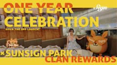 A promotional image for a 'ONE YEAR CELEBRATION' since an app launch, advertising 'SUNSIGN PANIC' clan rewards.