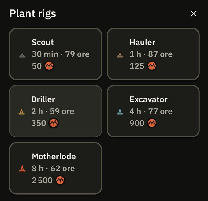 A dark-themed UI panel titled "Plant rigs" listing five tier options (Scout, Hauler, Driller, Excavator, Motherlode) with their respective time, ore, and token costs.