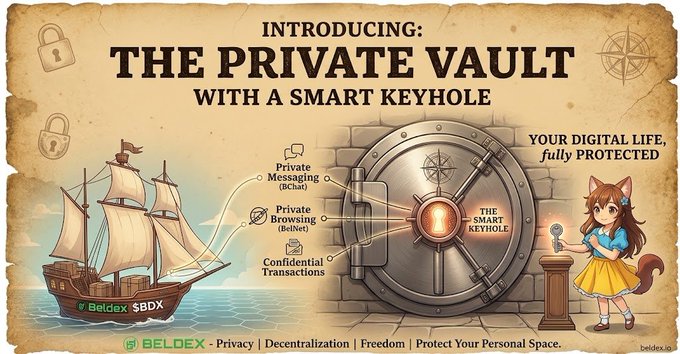 A promotional graphic titled 'INTRODUCING: THE PRIVATE VAULT WITH A SMART KEYHOLE' by Beldex ($BDX), featuring a pirate ship, a vault, and a cat-eared character symbolizing privacy, decentralization, and freedom.