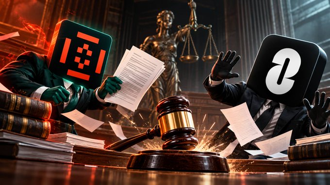 The image depicts a courtroom battle scene featuring two figures with cryptocurrency logos for heads—the KelpDAO logo (green and red) and the LayerZero logo (black and white)—facing off across a judge's bench with a gavel, scales of justice, and legal documents scattered around, symbolizing the lawsuit between the two blockchain projects over the $292M exploit connected to the 1-of-1 DVN setup.