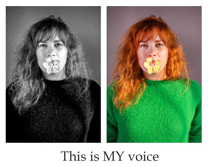 A side-by-side comparison of two portraits of a woman with a flower in her mouth; the left is black and white, the right is in color, with the text 'This is MY voice' below.