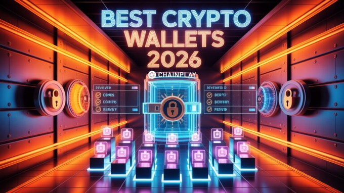 A promotional graphic titled 'BEST CRYPTO WALLETS 2026' by CHAINPLAY features a futuristic vault interior with neon lighting and a central lock symbol.