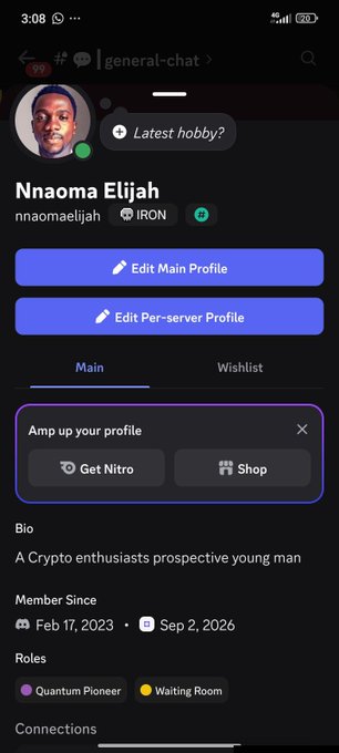 A Discord profile page for user 'Nnaoma Elijah' (nnaomaelijah) with the IRON role, featuring options to Edit Main Profile and Per-server Profile, a bio reading 'A Crypto enthusiasts prospective young man,' and roles including Quantum Pioneer and Waiting Room.