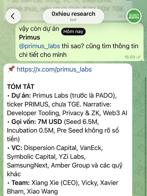 A Telegram chat with the "Oxhieu research" bot shows a summary card for the project Primus Labs (formerly PADO), ticker PRIMUS, with $7M USD raised from VCs including Dispersion Capital, VanEck, and Samsung Next, and team led by CEO Xiang Xie. The image illustrates the Research Agent tool in action, fetching detailed project data via web search and X API to deliver structured summaries on demand.