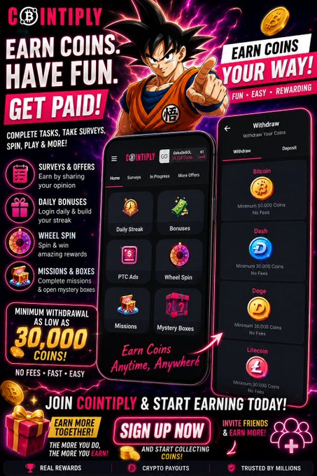 A vibrant promotional advertisement for Cointiply, an app that lets users earn coins through surveys, daily bonuses, wheel spins, missions, and mystery boxes, with a minimum withdrawal of 30,000 coins in cryptocurrency like Bitcoin, Dash, Doge, and Litecoin. The ad features a Dragon Ball-inspired character and the headline 'EARN COINS. HAVE FUN. GET PAID!'