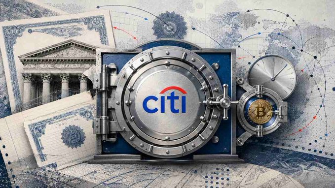 A conceptual image of a large metal bank vault bearing the 'citi' (Citibank) logo, containing a Bitcoin coin, set against a backdrop of U.S. currency, bank architecture, and a world map.