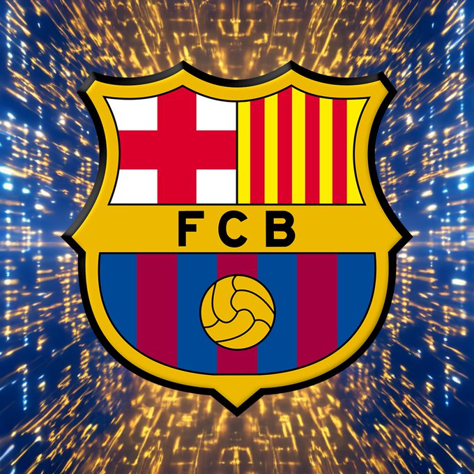 The FC Barcelona (FCB) crest logo featuring the Catalan flag, red and yellow stripes, and a soccer ball, displayed against a dynamic blue and gold sparkling background.