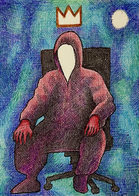 Artistic illustration of a faceless figure in a red/purple hooded robe seated on a black office chair, wearing a small crown and red gloves against a blue crosshatched background with a moon.
