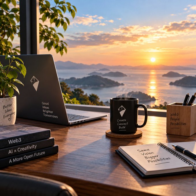 A serene sunrise workspace overlooks tranquil ocean islands, featuring a laptop displaying "Good Ideas Brighter Tomorrows," a steaming mug reading "Create Connect Build," books titled "Web3," "AI x Creativity," and "A More Open Future," a wooden pen holder with "Web3 People Possibilities," and a notebook showing "Same Vision Bigger Possibilities"—the motivating text and tech-themed decor visually echo the post's message about merging AI creativity with blockchain identity and programmable digital assets, reinforcing the optimistic vision of AI-powered NFTs enabling ownership and interaction.