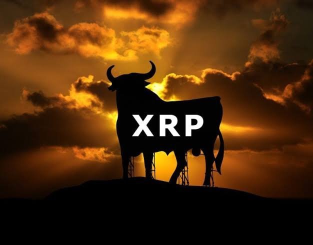 A silhouette of a bull against a dramatic sunset sky with "XRP" emblazoned across its body, symbolizing bullish momentum for the cryptocurrency. The image visually reinforces the post's claim that XRP is poised for a major price surge.