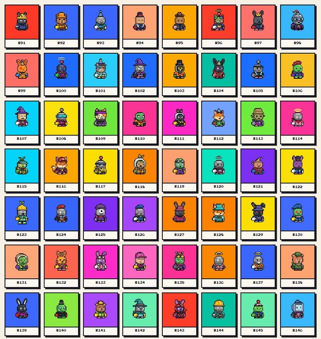 A grid displays 48 pixel-art robot and character NFTs numbered #91-#146 on colored backgrounds, with each tile showcasing a unique 1/1 design featuring various outfits and accessories like top hats, wizard hats, and bunny ears. These represent a selection from the Mini Broker NFT collection of 5,000 unique pixel NFTs deployed on Robinhood Mainnet, as referenced in the giveaway post.