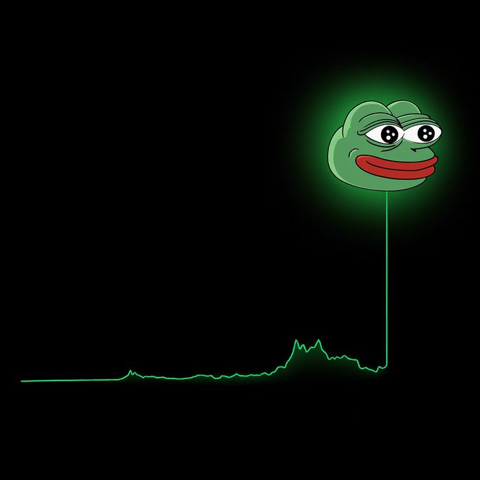 A green Pepe the Frog meme character appears at the top right of a sharp upward green line graph, humorously illustrating the dramatic price surge of the $PEPE cryptocurrency. The image plays on the meme coin's viral rise, with Pepe's iconic wide-eyed expression positioned at the peak of the chart to emphasize the explosive "to the moon" rally.